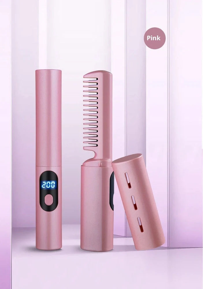 Purple wireless straight comb with digital display and ceramic heating plates for cord-free hair styling