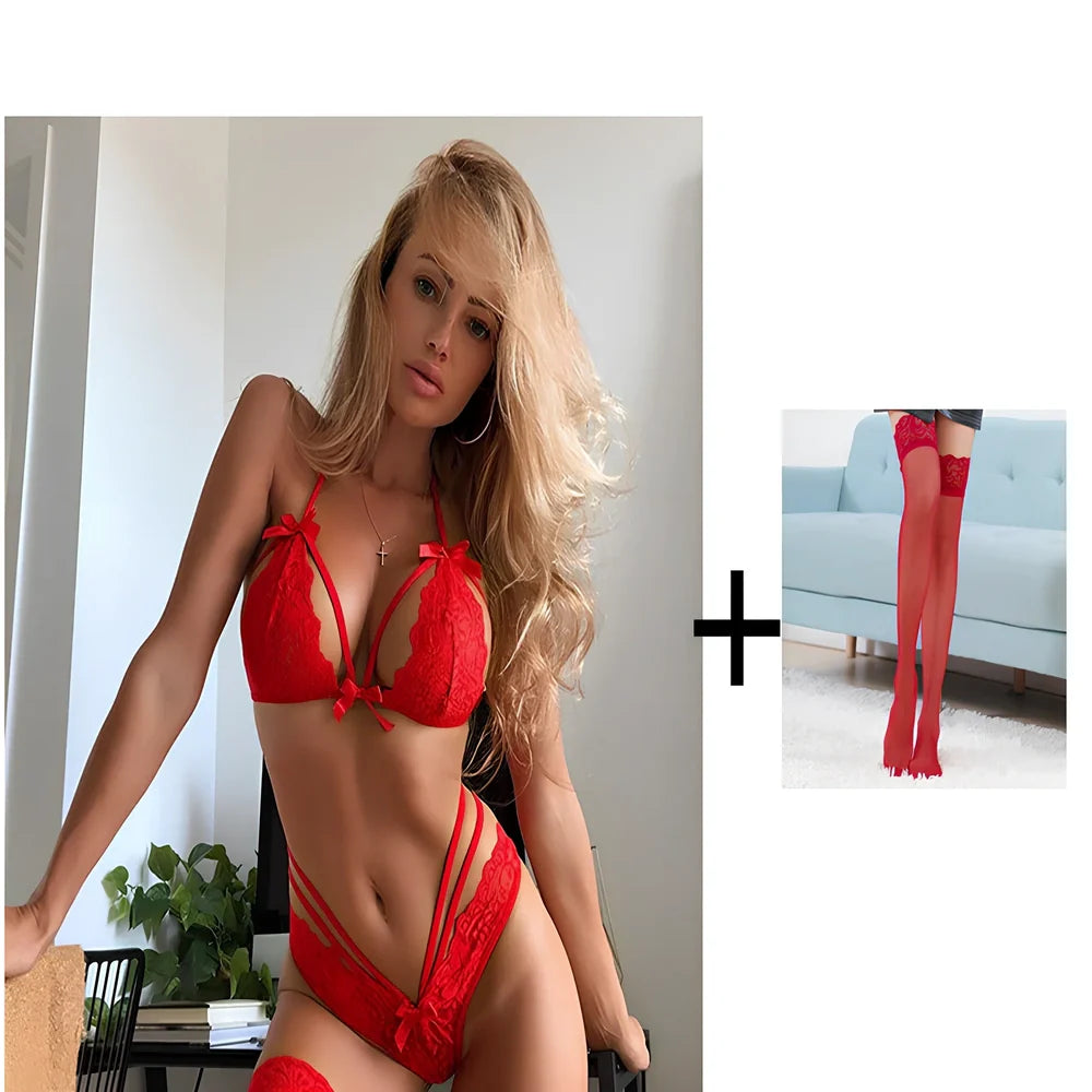 Black bowknot lace sexy lingerie set in nylon, sizes S-3XL with matching bra and panty, 120-180g