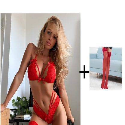 Black bowknot lace sexy lingerie set in nylon, sizes S-3XL with matching bra and panty, 120-180g