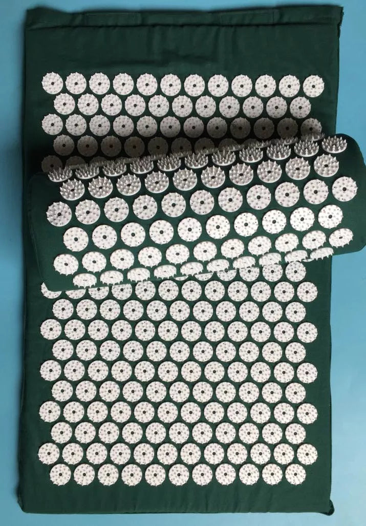 Acupuncture yoga cushion and pillow set with 210 pins for muscle relief, available in multiple colors.
