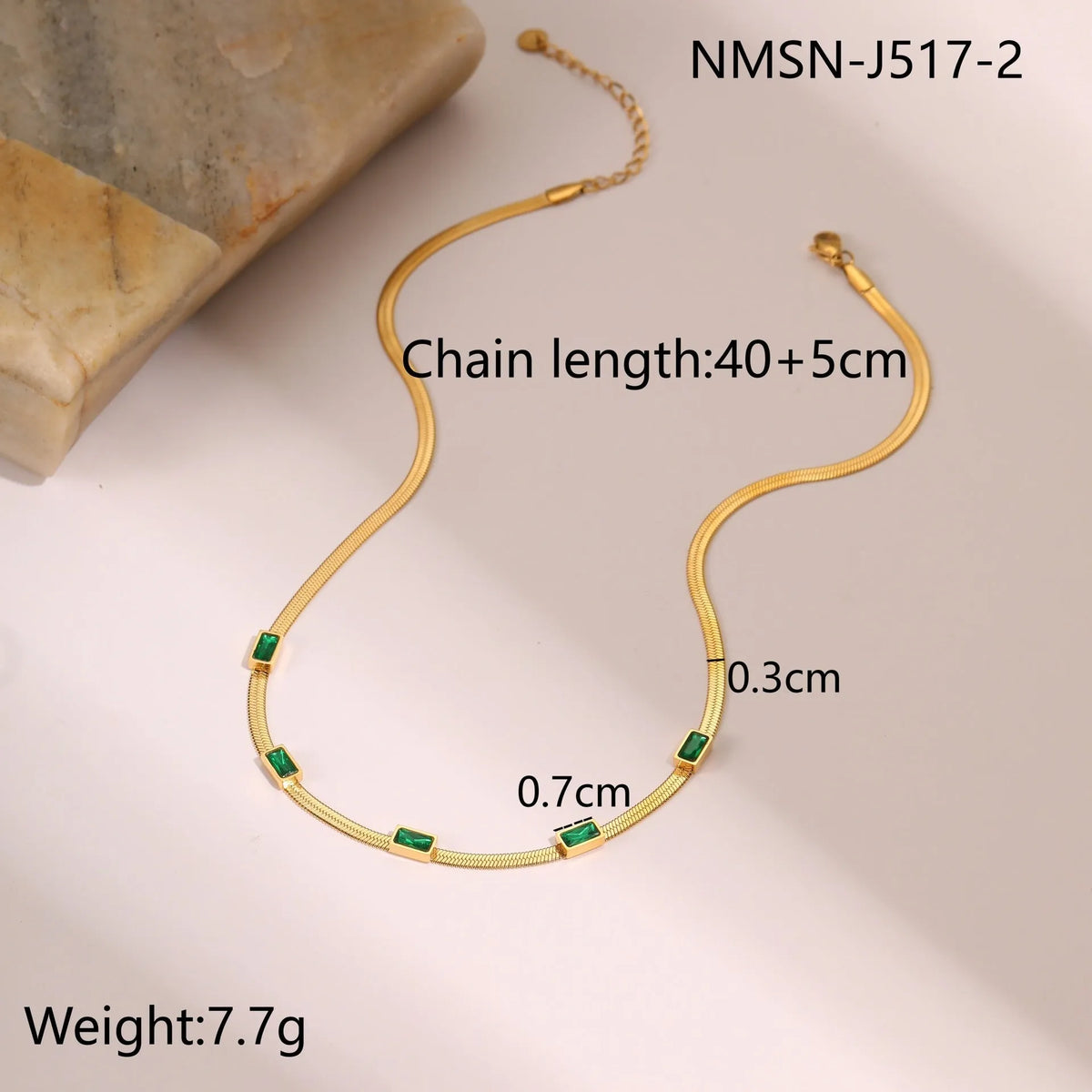 Retro geometric square zircon necklace with stainless steel construction and 18K gold plating on flat snake chain