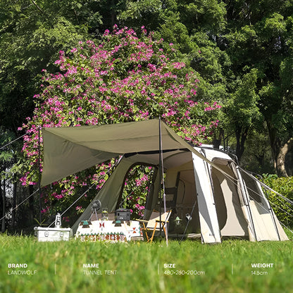 Large tunnel tent 480x260x200cm, blue jade or ivory, with 150D oxford PU 3000mm waterproof shell and bedroom.
