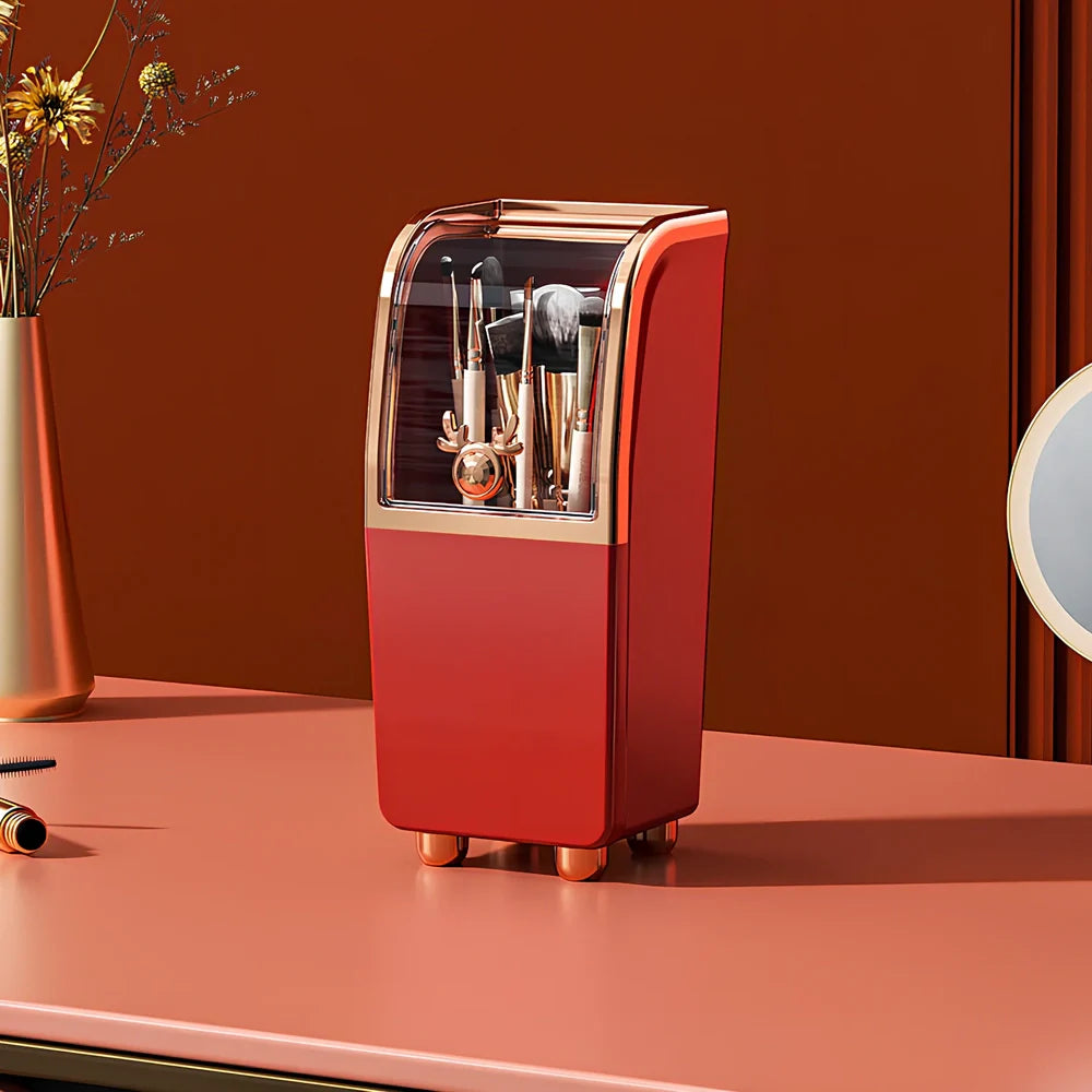 Light luxury plastic storage drawer in green for cosmetics, 25cm x 15cm with divided compartments for brushes and lipsticks