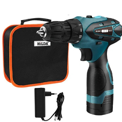 16.8V lithium electric drill with pistol grip showing variable speed trigger and chuck mechanism