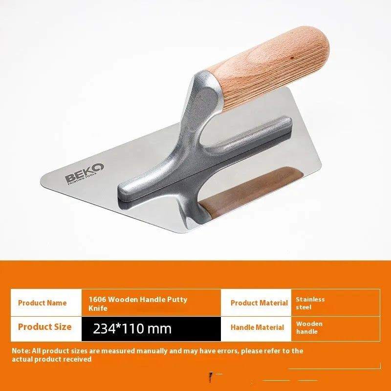 Stainless steel putty scraper with a wooden handle, shown with different blade size options for floor and wall work.