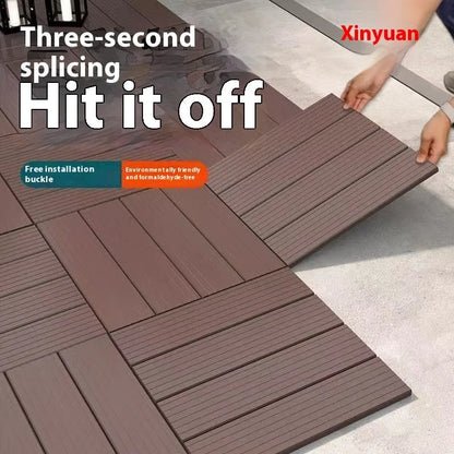 Plastic floor tiles with wood grain pattern showing 300x300mm dimensions and 23mm thickness profile