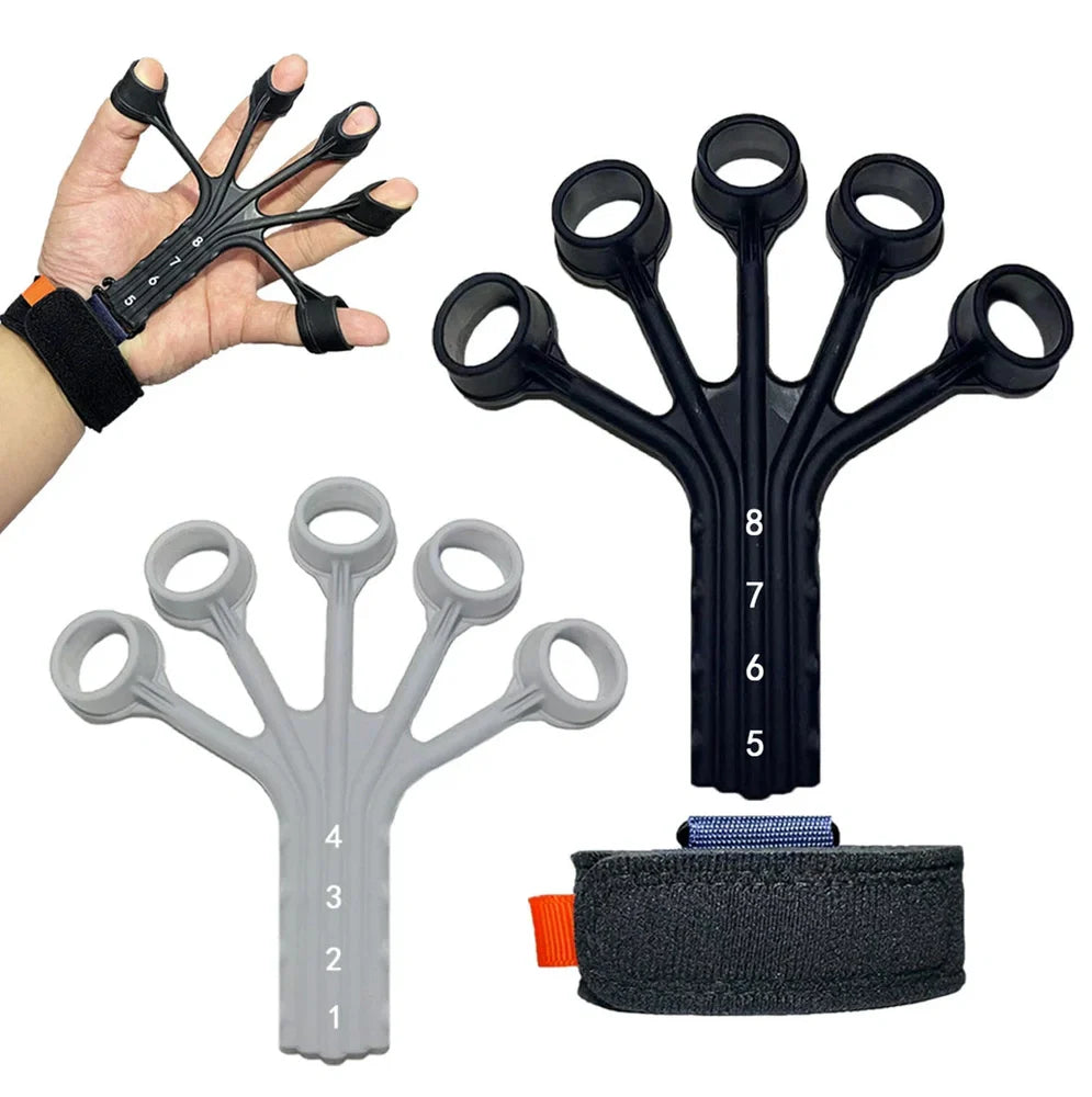 Black silicone finger rehabilitation trainer with adjustable resistance belt for hand exercises