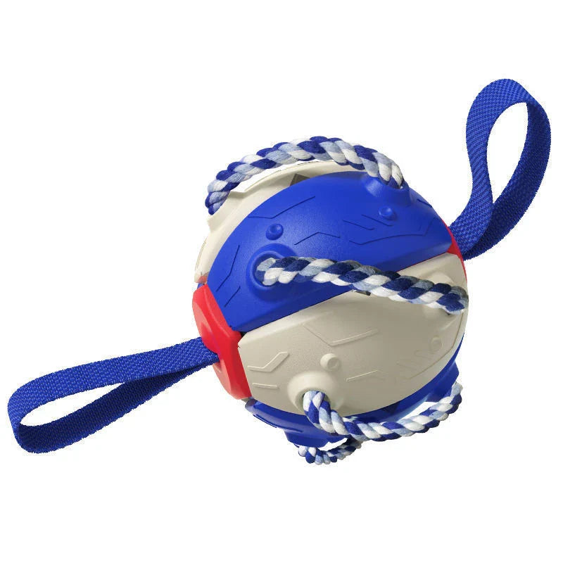 Transforming dog toy that can switch between a ball and frisbee shape, featuring durable construction and interactive play features