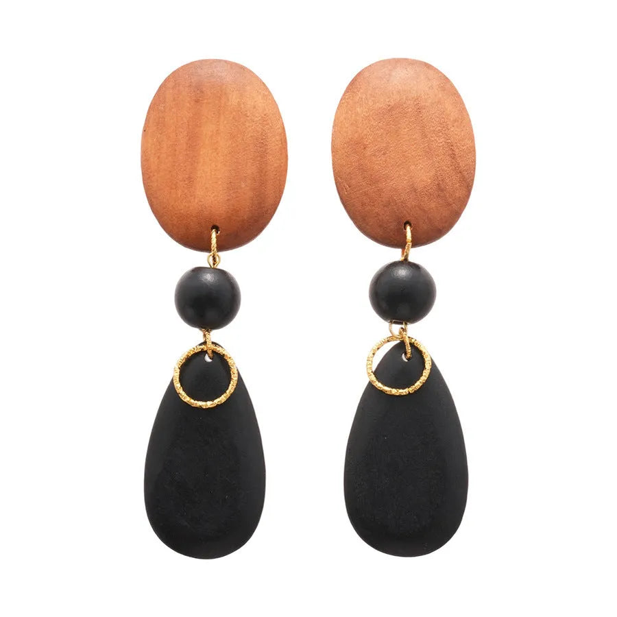 Wooden ellipse drop earrings with brown-black colour and silver needle accents