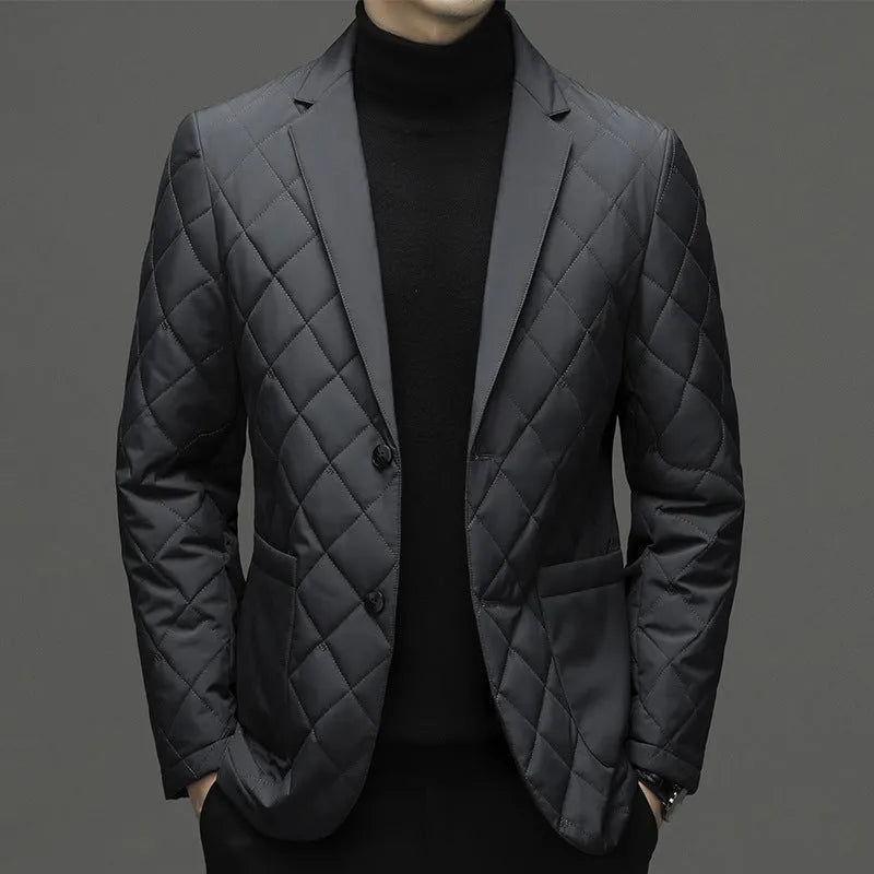 Men's lapel down jacket in black, shrimp blue, or dark grey with side seam pockets for winter wear