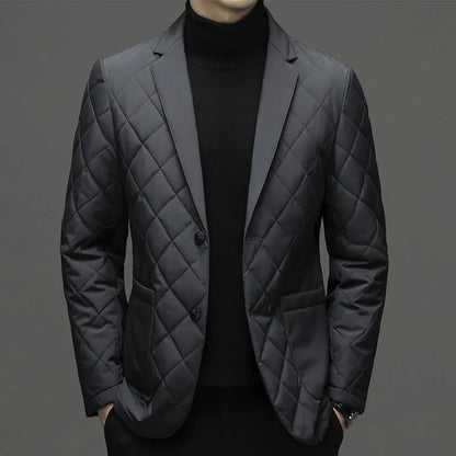 Men's lapel down jacket in black, shrimp blue, or dark grey with side seam pockets for winter wear