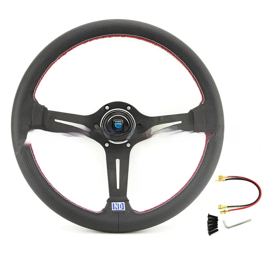 Leather-wrapped 14-inch steering wheel with middle concave shape and black or silver skeleton options