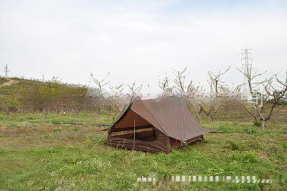 Brown and white portable A-line camping tent set up with hiking poles, showing its spacious interior for 2-3 people.