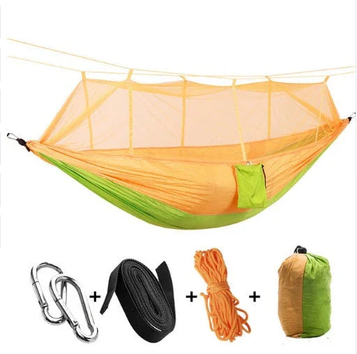 Lightweight and portable parachute hammock with mosquito net for outdoor relaxation