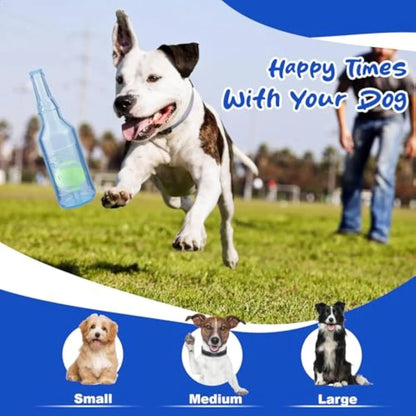 Blue natural rubber dog toy shaped like a water bottle with a squeaker tail, for aggressive chewers.