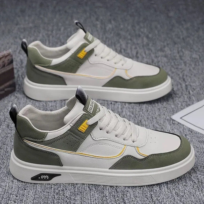 Low-top canvas board shoes in beige with mesh lining and leather stitching details on a solid background