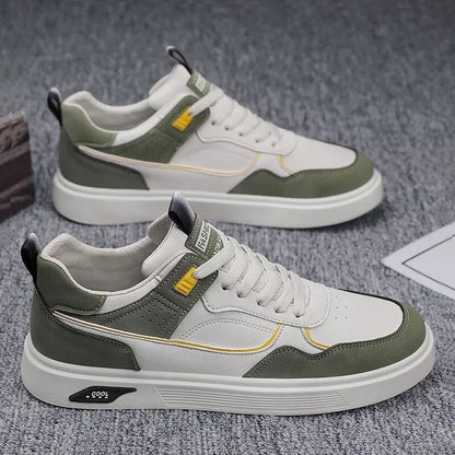 Low-top canvas board shoes in beige with mesh lining and leather stitching details on a solid background