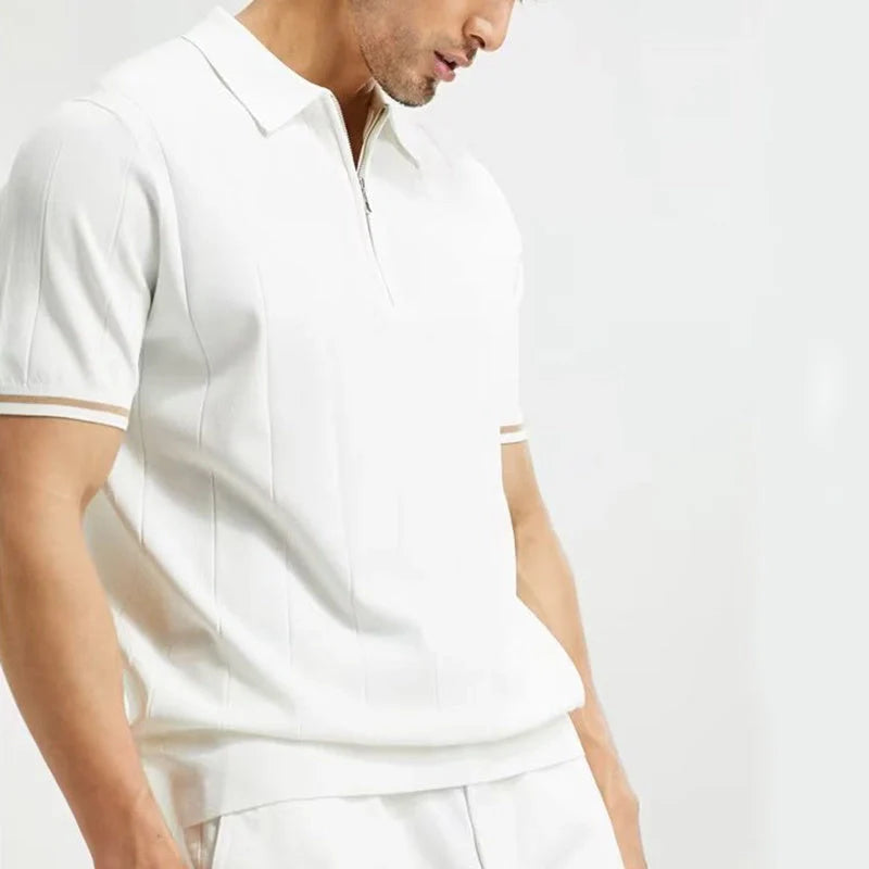 Men's short-sleeved polo shirt with lapel zipper in white and dark blue