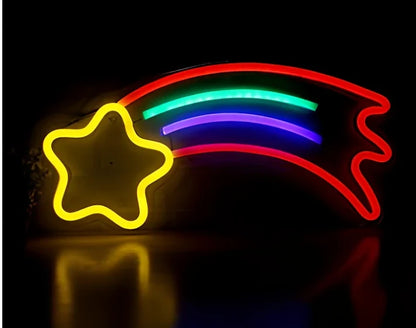 LED neon decorative light with acrylic back panel showing USB power connection and multiple design options