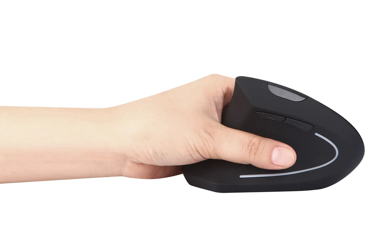 Black left hand vertical wireless mouse with DPI button, thumb buttons, 108g, 4.92 x 2.56 x 3.23 inches