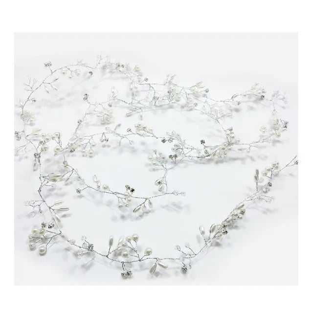 Bride's long hair band with crystal pearls in silver colour option showing 100cm length