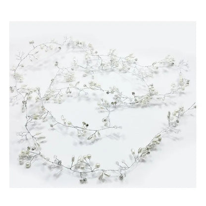 Bride's long hair band with crystal pearls in silver colour option showing 100cm length
