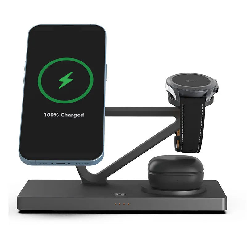 Wireless charging station with magnetic phone bracket, circular charging base and watch dock in black or white