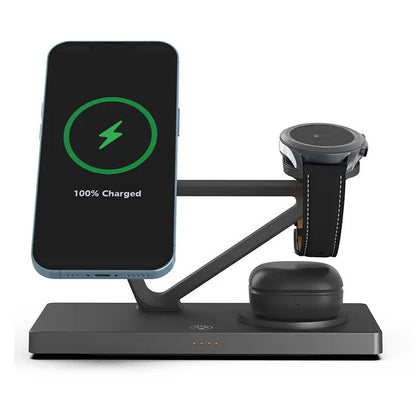 Wireless charging station with magnetic phone bracket, circular charging base and watch dock in black or white