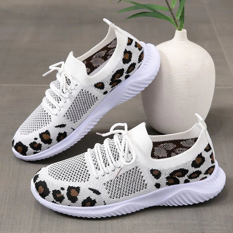 Women's leopard print lace-up sneakers with medium heel and breathable net cloth upper