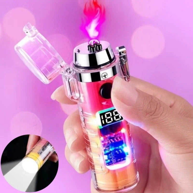 Transparent shell dual arc USB charging lighter with waterproof LED light in various colors