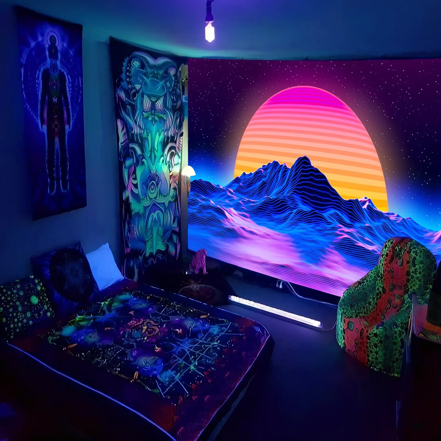 Fluorescent tapestry wall hanging with glow properties in multiple sizes from 150x100cm to 230x180cm