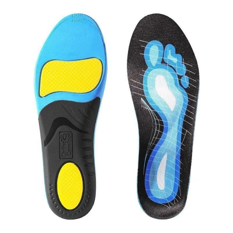 Blue and green PU foam flat foot correction insoles for men and women.