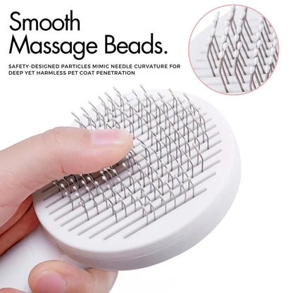 Blue self-cleaning pet grooming brush with stainless steel pins and ergonomic rubber handle on a grey background