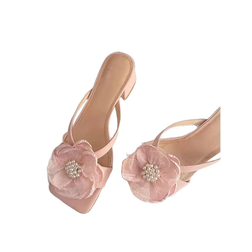 Women's chunky heel square toe sandals with satin upper in cream-white colour showing one-line strap design