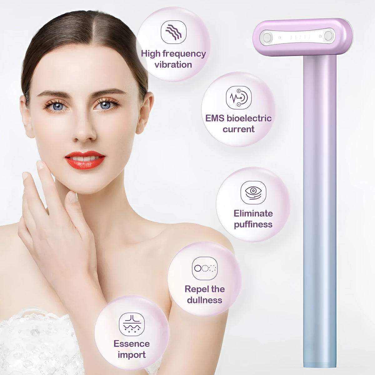 Wand face and neck massager with rotatable 90 degree head, EMS micro-current, vibration and LED red light