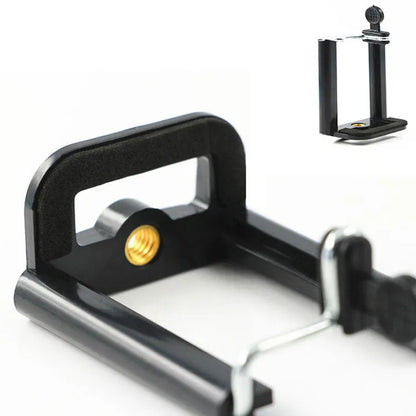 Black plastic U clip mobile phone holder attached to a hose, measuring 8cm by 5cm