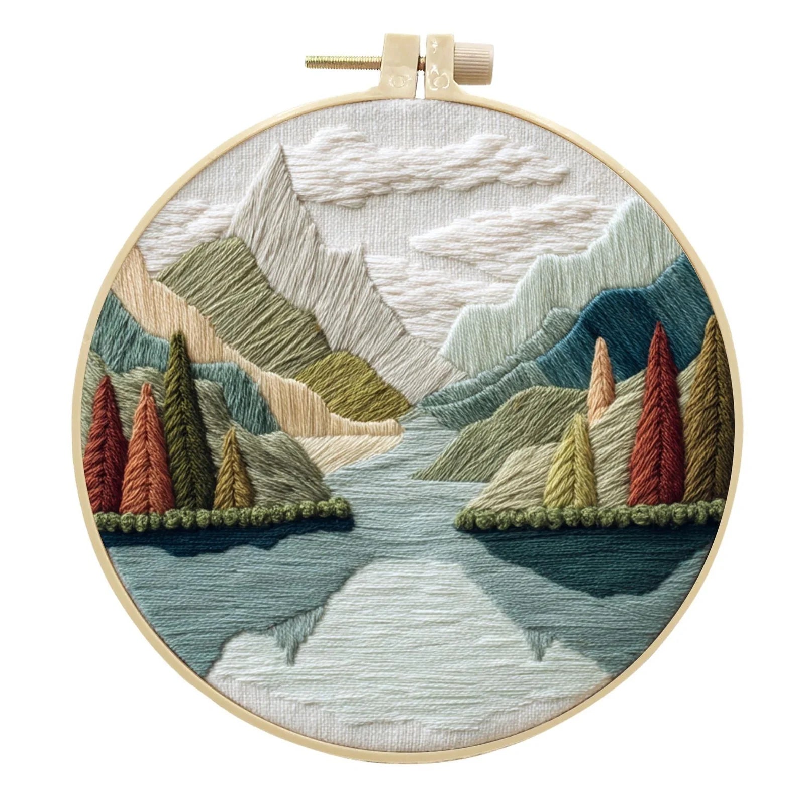 Embroidery DIY landscape kit with bamboo frame, printed fabric, thread, and needles for textile art