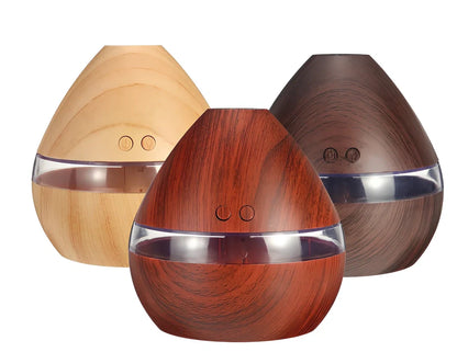 USB LED aroma humidifier with wood grain finish, 300ml capacity, measuring 114mm × 110mm