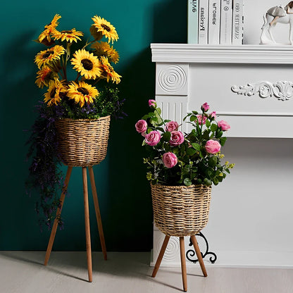 Nordic style floor-standing flowerpot with straw furniture in three sizes for indoor plant display