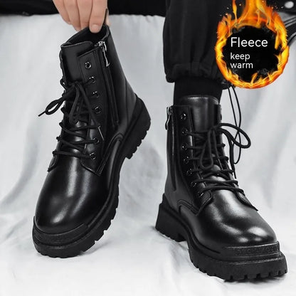 Men's black mid-top boots with waterproof PU upper and non-slip rubber soles