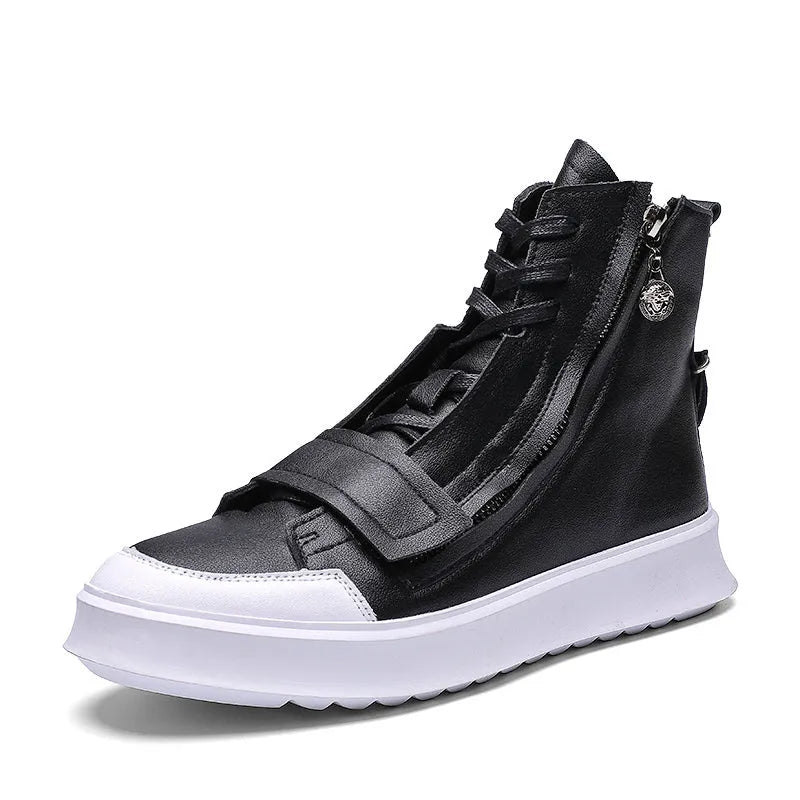 PU leather men's ankle boots in black and white, high-top sneaker style with microfiber upper, sizes 38-43