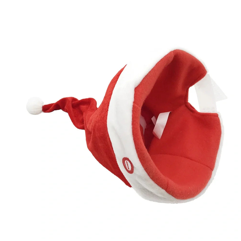 Red electric Christmas plush hat with swinging motion and battery music features