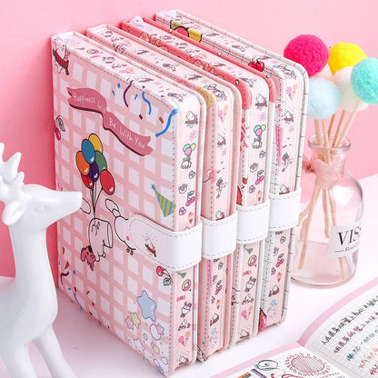 Small white Kaba Bear Hippo notebook with magnetic buckle, girl heart design, showing 224 pages and PU cover.