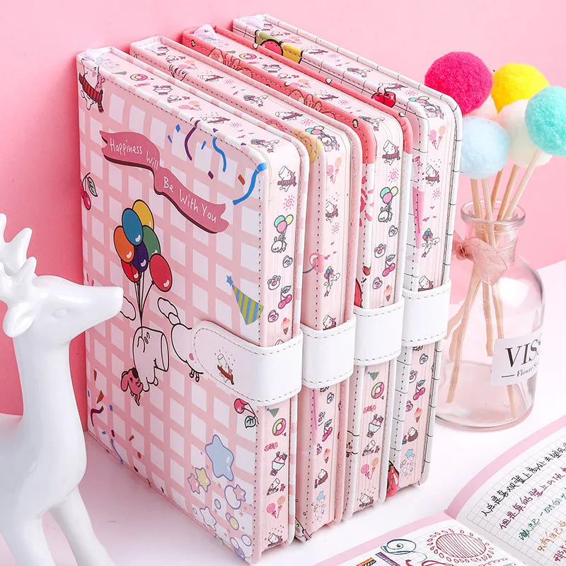 Creative cute small white notebook with magnetic closure Kaba Bear Hippo design girl heart pattern portable hand book, 224-page paper journal with PU cover, ideal for diary use, gifts, and personal organisation.