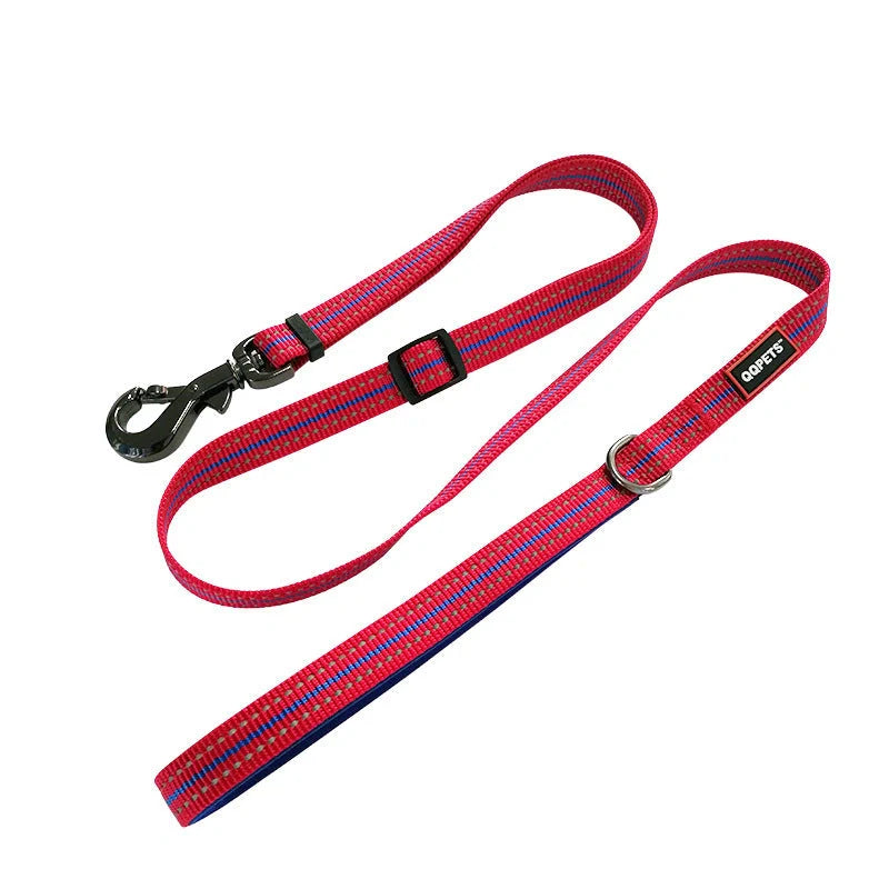 Nylon LED luminous pet collar leash in red, blue, and black with adjustable light modes