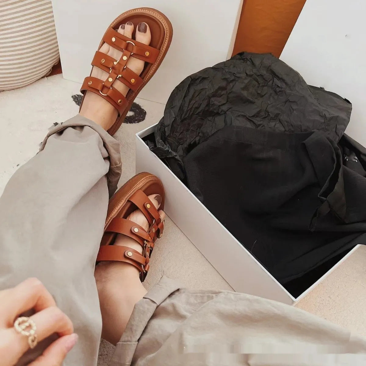 Women's white retro Roman sandal slippers with a sheepskin upper and patent leather finish.