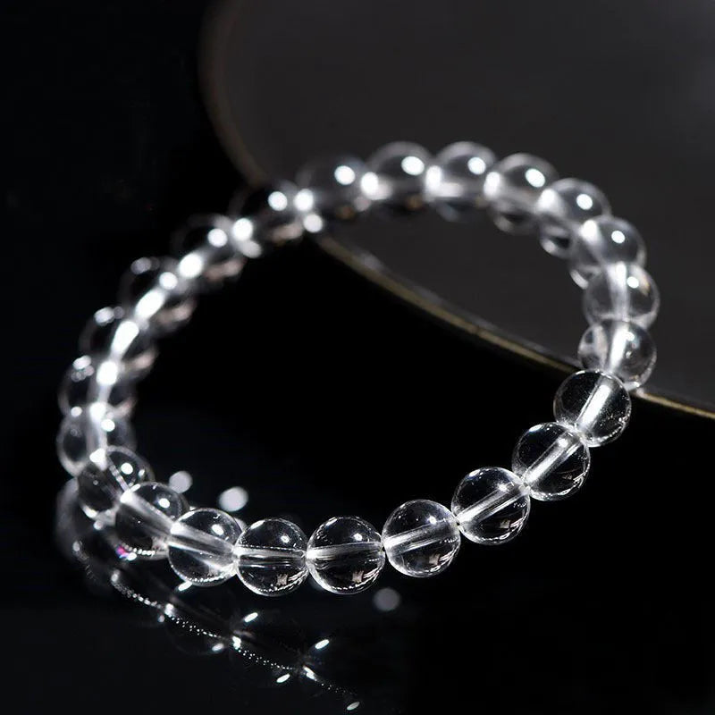 Natural Donghai old materials white water round beads crystal bracelet showing geometric design with single circle crystal beads
