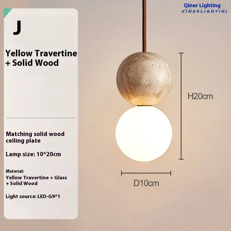 Retro yellow cave stone pendant light with iron body and yellow marble lampshade, hanging wire LED bedside chandelier