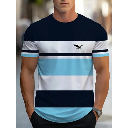 Men's striped casual T-shirt with digital 3D printing in loose fit short sleeve design
