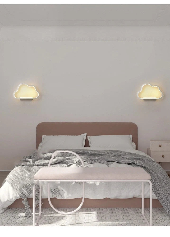 White cloud-shaped LED wall lamp with flower-shaped acrylic shade and remote control for dimming